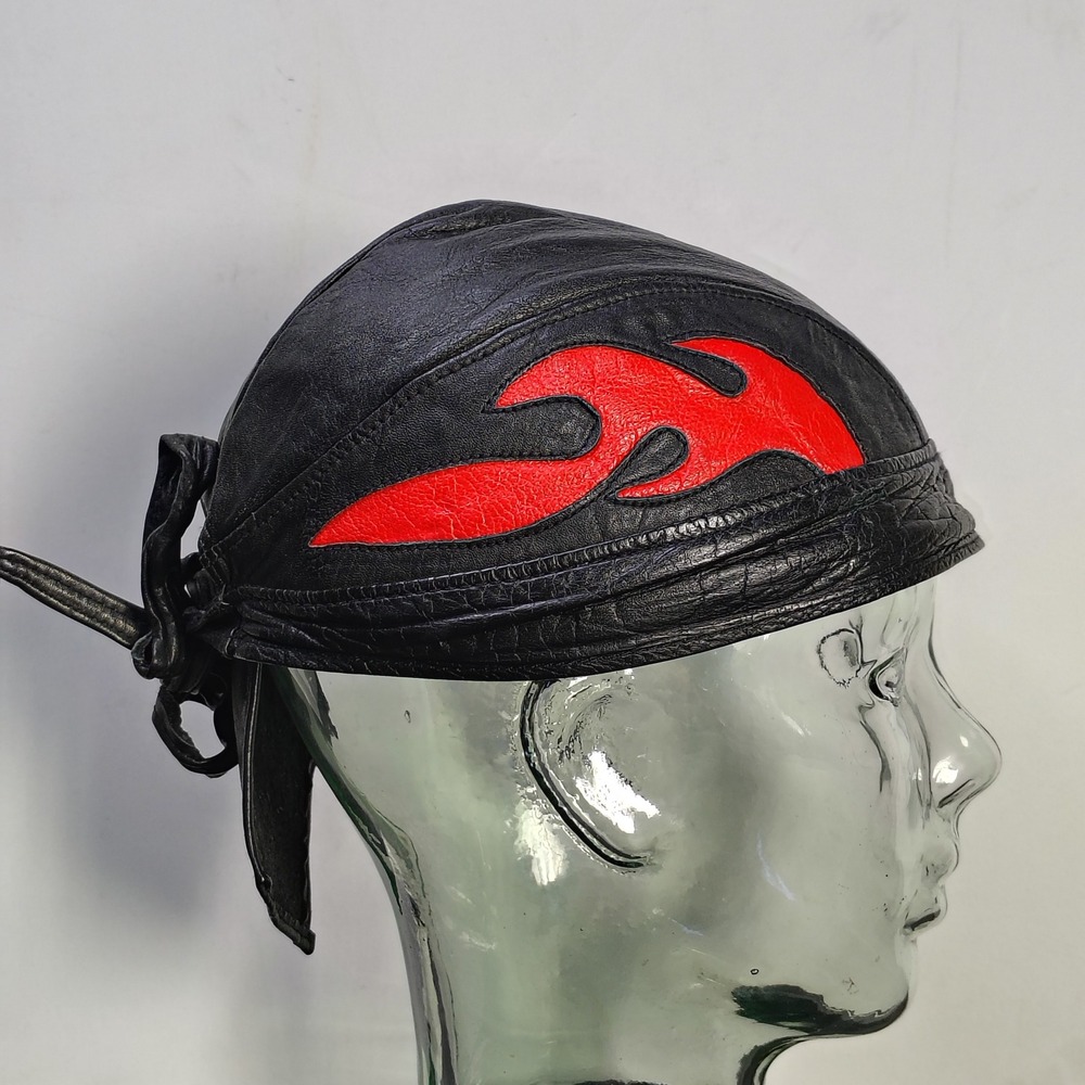 Vintage Leather Biker Headwrap OS Black Red Flame Motorcycle Bandana Cap